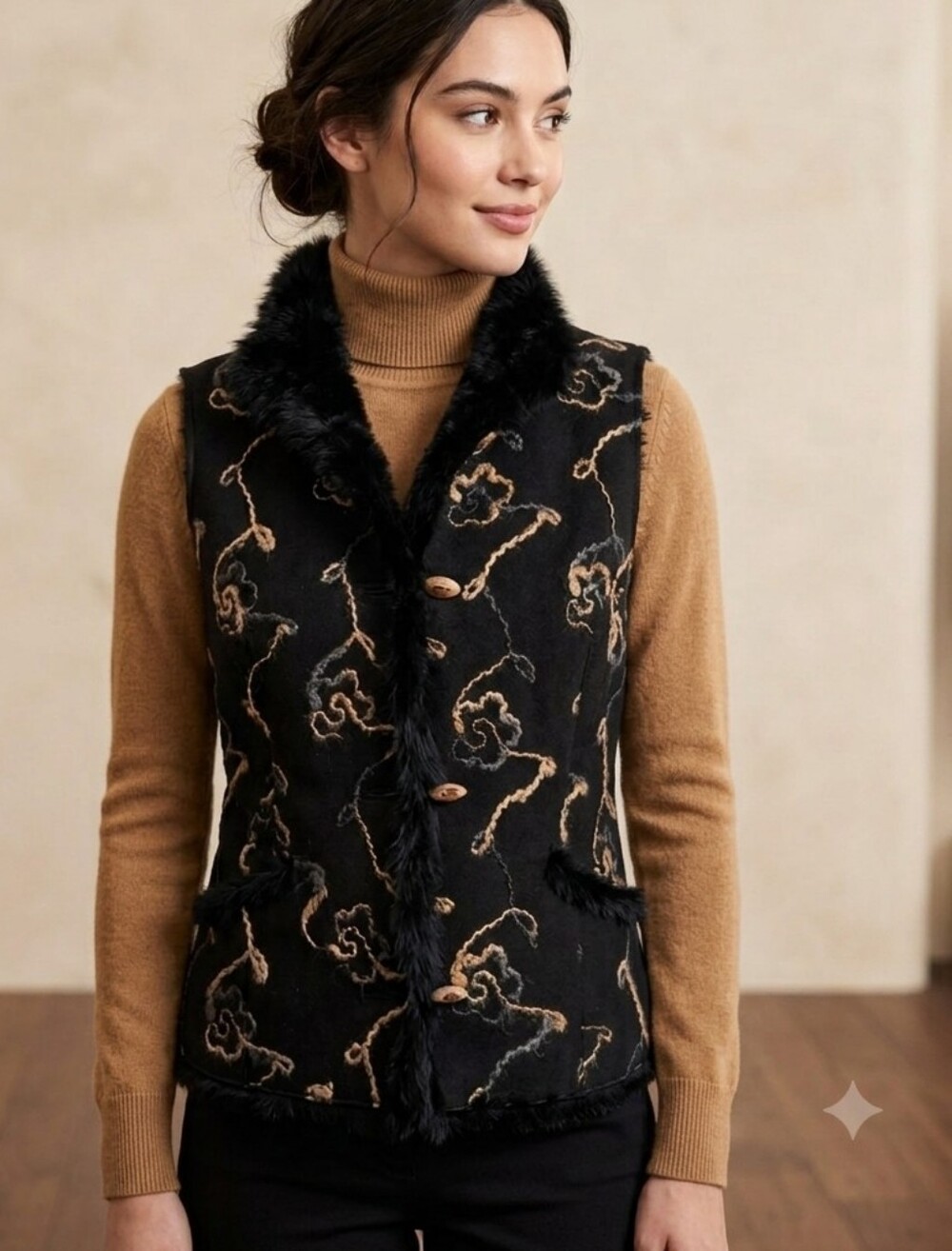 Vintage Wool Vest Rabbit Fur Trim Women's Size S